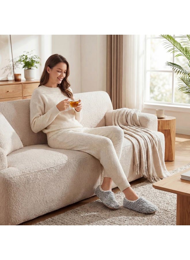Cozylook 2-Pair Women's Soft Sole Slipper Socks with Grippers, Thick Warm Cozy Sherpa Lined Home Socks Set, Cable Knitted Non-slip Fluffy Winter House Bedroom Slippers, 2-pair Gray+taupe, 9-10 - Image 3