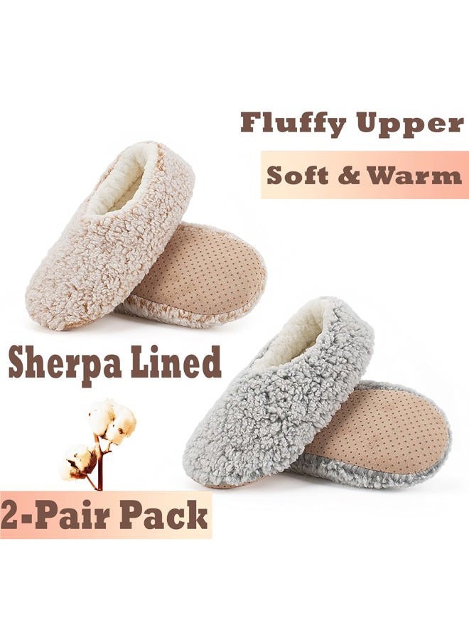 Cozylook 2-Pair Women's Soft Sole Slipper Socks with Grippers, Thick Warm Cozy Sherpa Lined Home Socks Set, Cable Knitted Non-slip Fluffy Winter House Bedroom Slippers, 2-pair Gray+taupe, 9-10 - Image 4