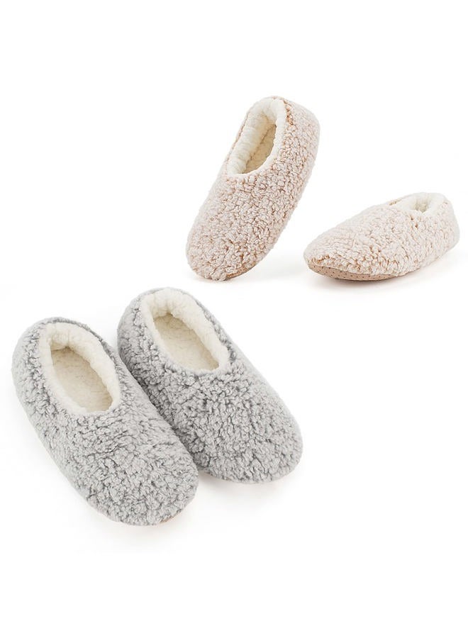 Cozylook 2-Pair Women's Soft Sole Slipper Socks with Grippers, Thick Warm Cozy Sherpa Lined Home Socks Set, Cable Knitted Non-slip Fluffy Winter House Bedroom Slippers, 2-pair Gray+taupe, 9-10 - Image 1