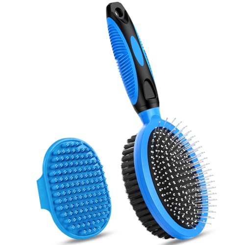 UGNEL 2PCS Pet Grooming Tools - Double-Sided Brush for Shedding and Bathing, Suitable for Short/Long Haired Dogs Cats and Horses, Deshedding Dog Brush, Mane & Tail Combs for Horses - Pet Supplies (Blue) - Image 1