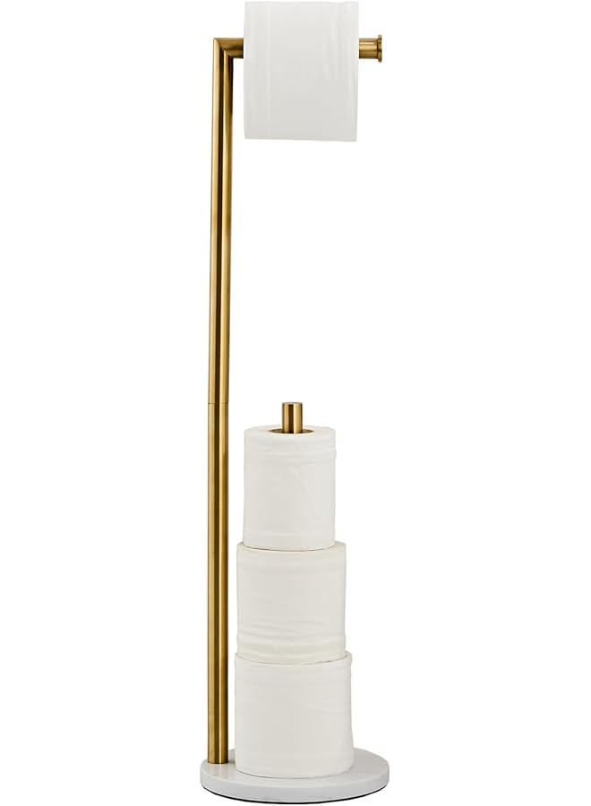 S-TOP Marble Toilet Paper Holder Stand - Brushed Gold, Freestanding with Storage, Floor Stand, Gold Toilet Roll Holder, Standing Paper Towel Holder - Image 1