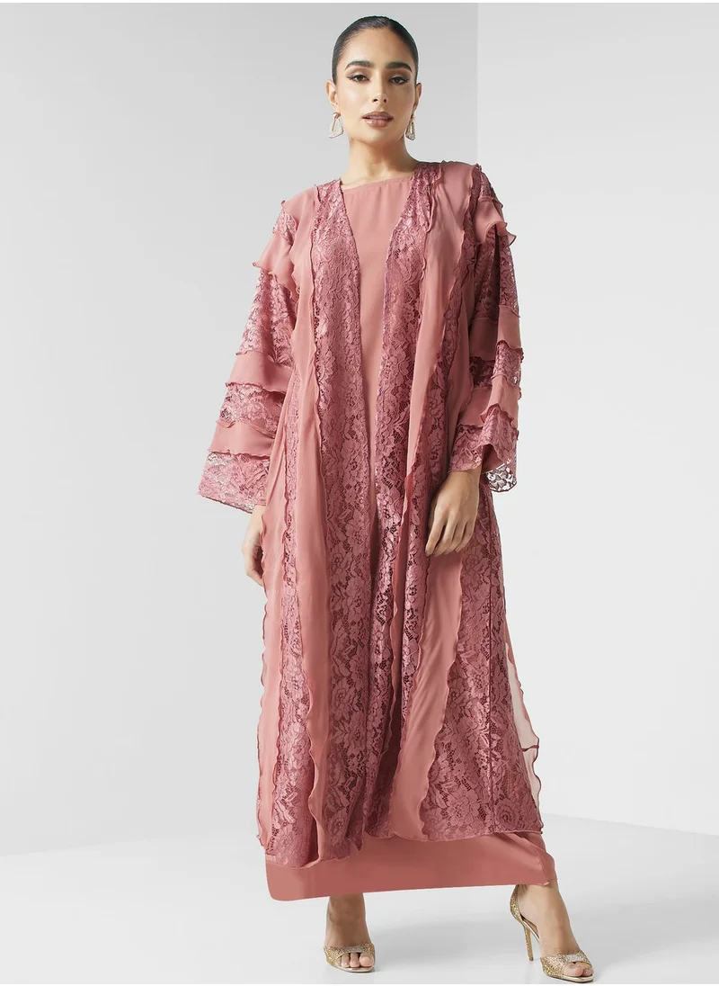 Khizana Lace Detailed Abaya With Inner Dress & Sheila