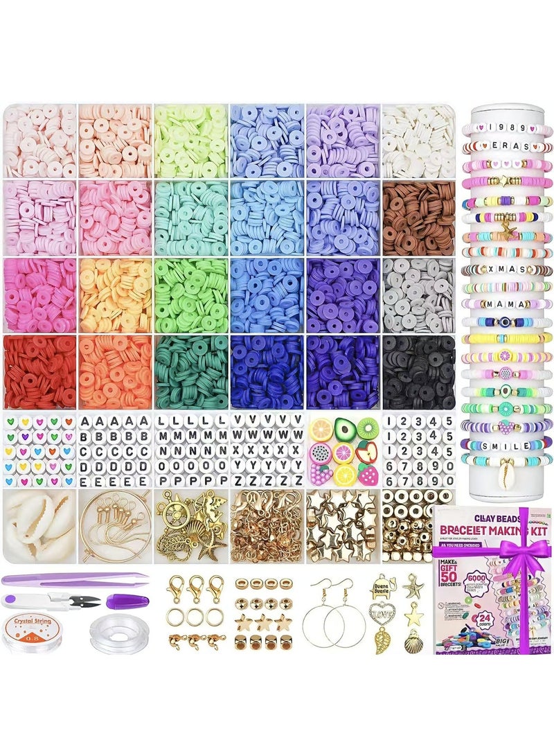 Uthriyya 6000+ Clay Beads for Bracelet Making Kit - DIY Jewelry Set with Pendant Charms, Elastic Strings, 24 Colors Flat Preppy Beads for Bracelets, Necklace, Earrings - Image 1