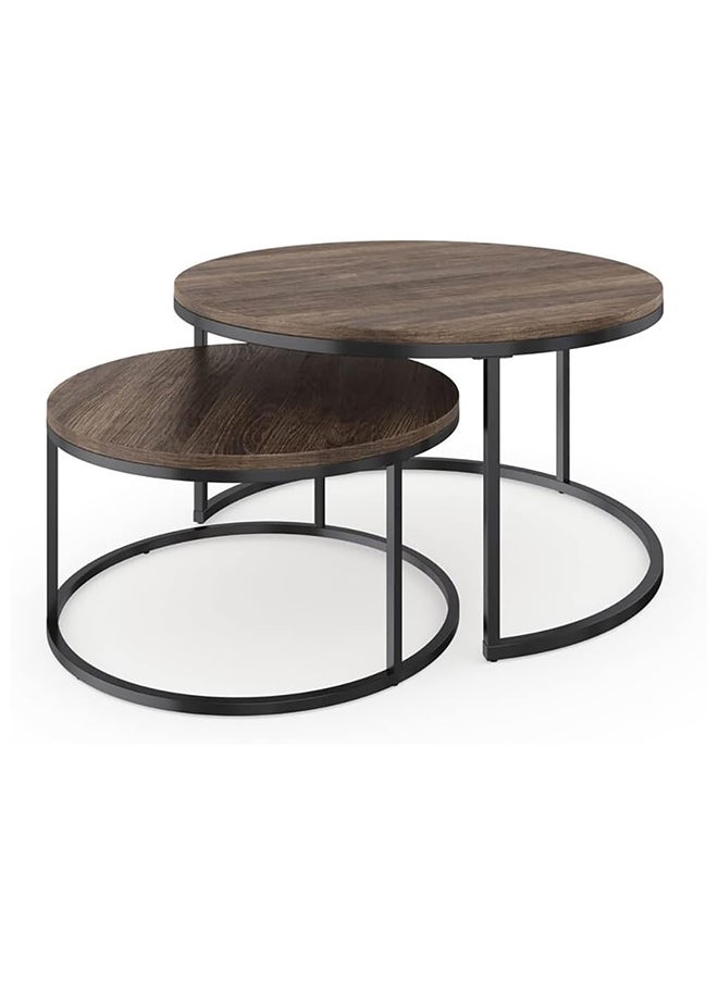 SKY-TOUCH - Round Coffee Table Set of 2 Side Table,Stacking Side Tables with Solid Wood Grain Table and Metal Frame for Living Room,Sturdy and Easy Assembly,Rustic Brown and Black Walnut - Image 1