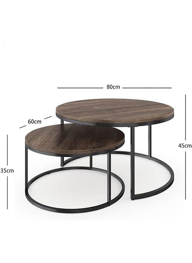 SKY-TOUCH - Round Coffee Table Set of 2 Side Table,Stacking Side Tables with Solid Wood Grain Table and Metal Frame for Living Room,Sturdy and Easy Assembly,Rustic Brown and Black Walnut - Image 1