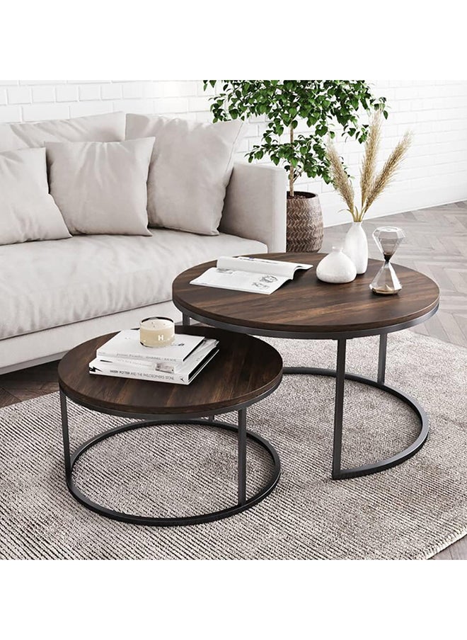 SKY-TOUCH - Round Coffee Table Set of 2 Side Table,Stacking Side Tables with Solid Wood Grain Table and Metal Frame for Living Room,Sturdy and Easy Assembly,Rustic Brown and Black Walnut - Image 1