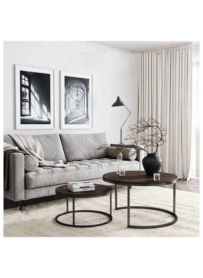 SKY-TOUCH - Round Coffee Table Set of 2 Side Table,Stacking Side Tables with Solid Wood Grain Table and Metal Frame for Living Room,Sturdy and Easy Assembly,Rustic Brown and Black Walnut - Image 1