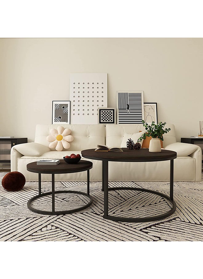 SKY-TOUCH - Round Coffee Table Set of 2 Side Table,Stacking Side Tables with Solid Wood Grain Table and Metal Frame for Living Room,Sturdy and Easy Assembly,Rustic Brown and Black Walnut - Image 1