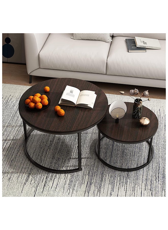 SKY-TOUCH - Round Coffee Table Set of 2 Side Table,Stacking Side Tables with Solid Wood Grain Table and Metal Frame for Living Room,Sturdy and Easy Assembly,Rustic Brown and Black Walnut - Image 1