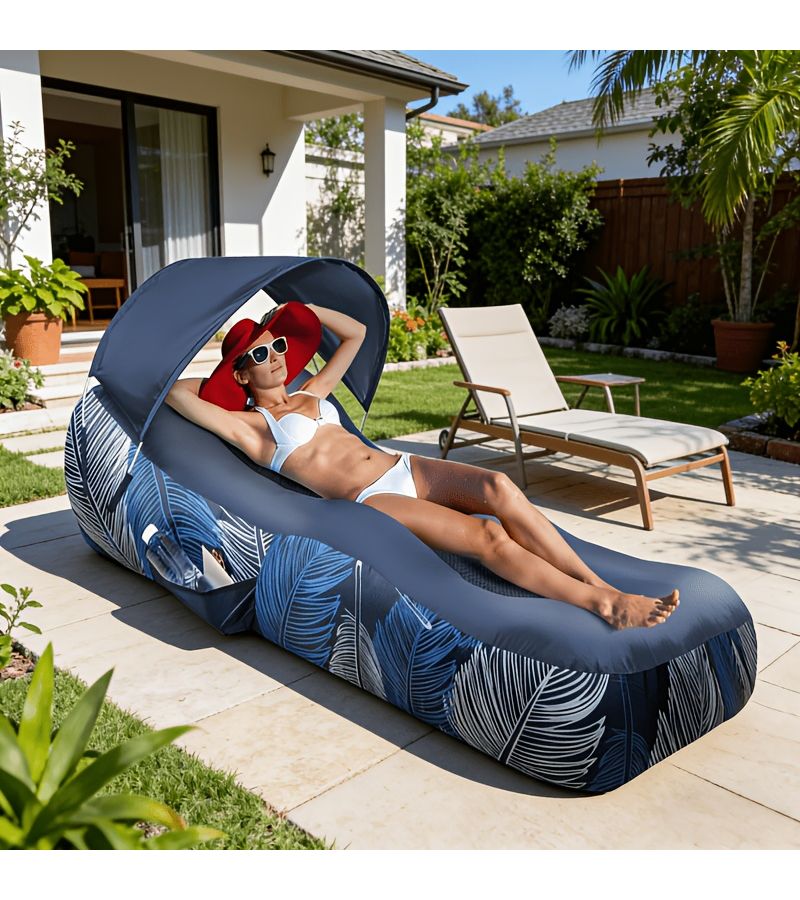 Navy Blue Inflatable Lounger Air Sofa With Sun Shade Cover High Quality Inflatable Couch Chair For Camping Beach Hiking Backyard Easy To Set Up - Image 1