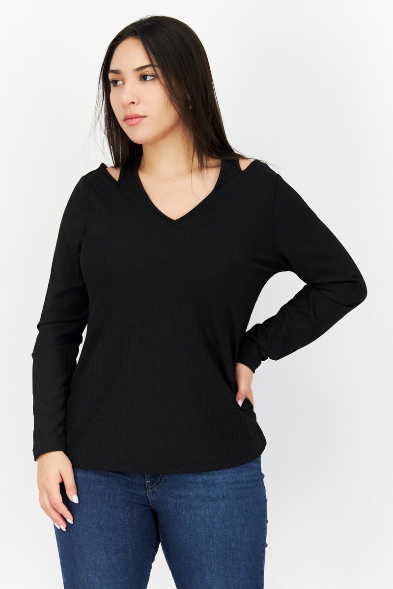 Cooper & Ella بلوزة نسائية بأكمام طويلة على شكل حرف V، سوداء - Image 1