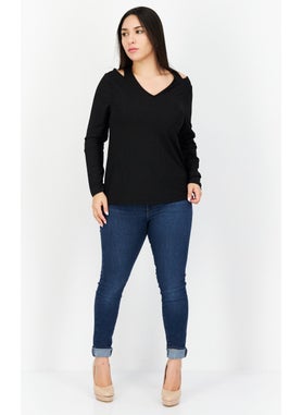 Cooper & Ella Women V Neck Long Sleeve Textured Top, Black  - Image 4