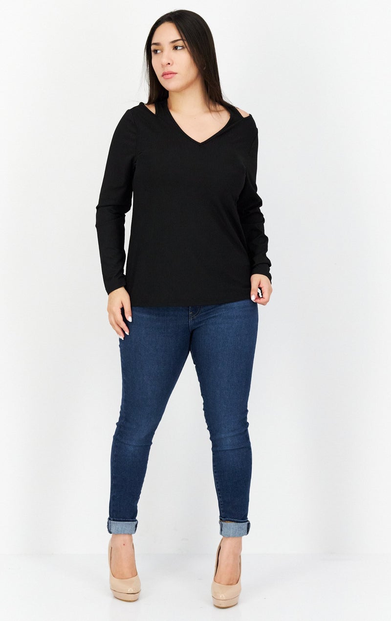 Cooper & Ella بلوزة نسائية بأكمام طويلة على شكل حرف V، سوداء - Image 4