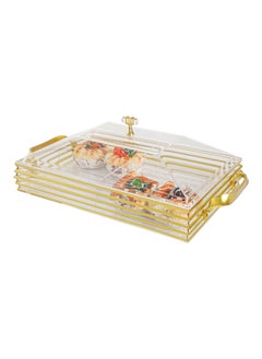 Serving Tray With Cover - 4 Compartments Platter with Handle Gold Acrylic Spill Proof Tray With Handle For Serving Appetizer, Breakfast, Candy, Sweets, Fruit, Bread tray (40.5×24.5×15 CM)