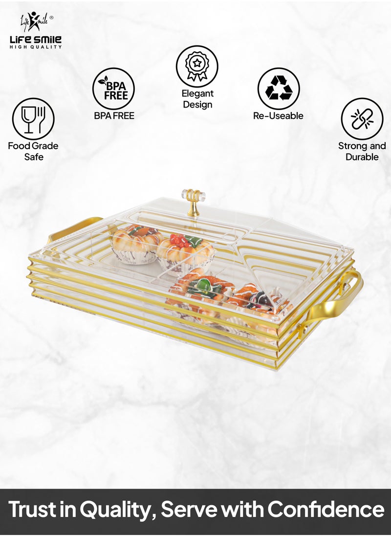 Life Smile - Serving Tray With Cover - 4 Compartments Platter with Handle Gold Acrylic Spill Proof Tray With Handle For Serving Appetizer, Breakfast, Candy, Sweets, Fruit, Bread tray (40.5×24.5×15 CM) - Image 1