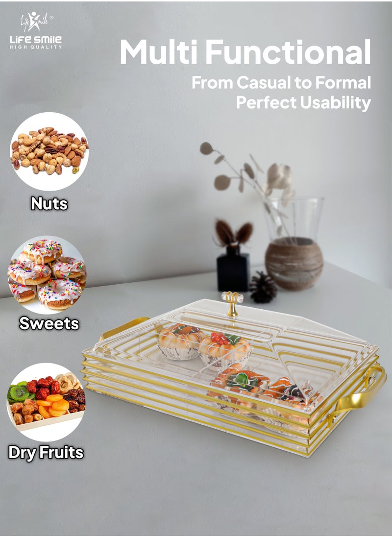 Life Smile - Serving Tray With Cover - 4 Compartments Platter with Handle Gold Acrylic Spill Proof Tray With Handle For Serving Appetizer, Breakfast, Candy, Sweets, Fruit, Bread tray (40.5×24.5×15 CM) - Image 1