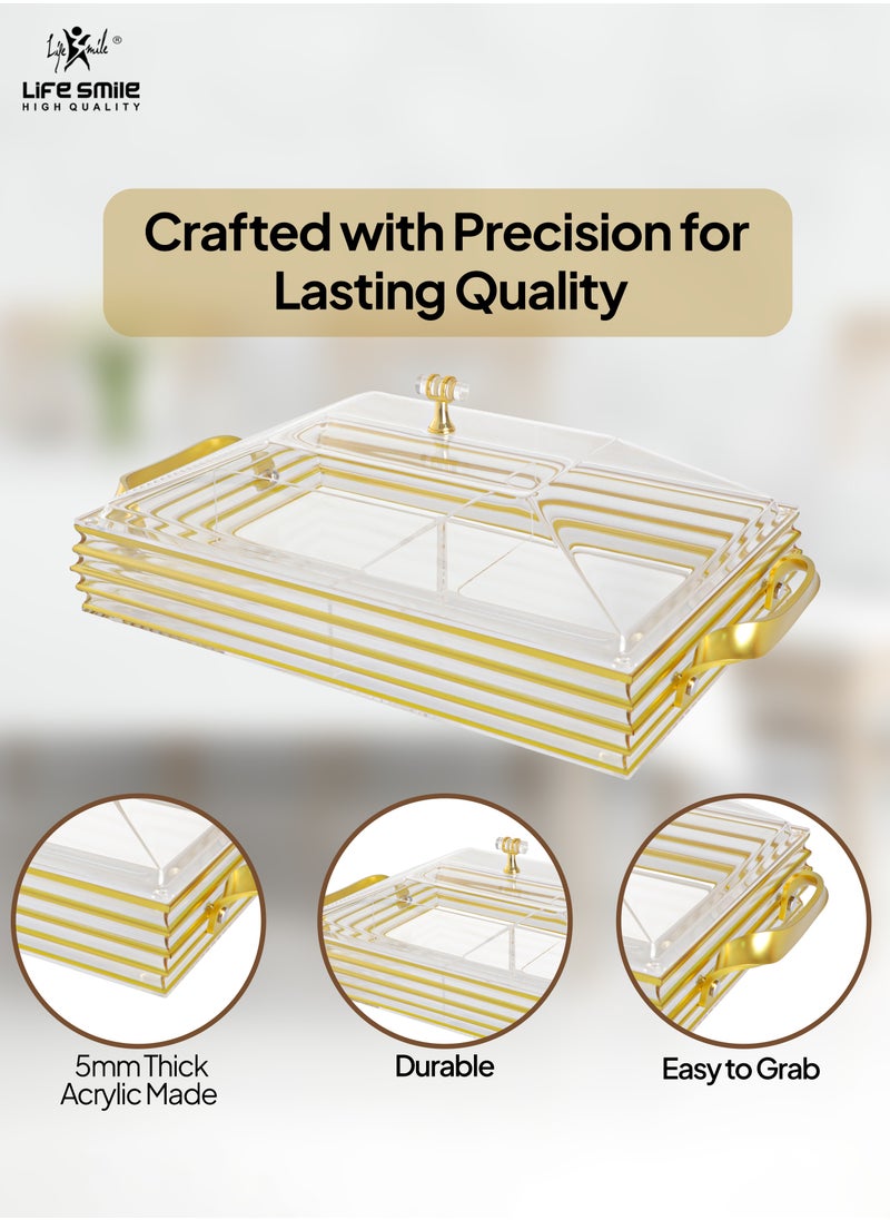 Life Smile - Serving Tray With Cover - 4 Compartments Platter with Handle Gold Acrylic Spill Proof Tray With Handle For Serving Appetizer, Breakfast, Candy, Sweets, Fruit, Bread tray (40.5×24.5×15 CM) - Image 1