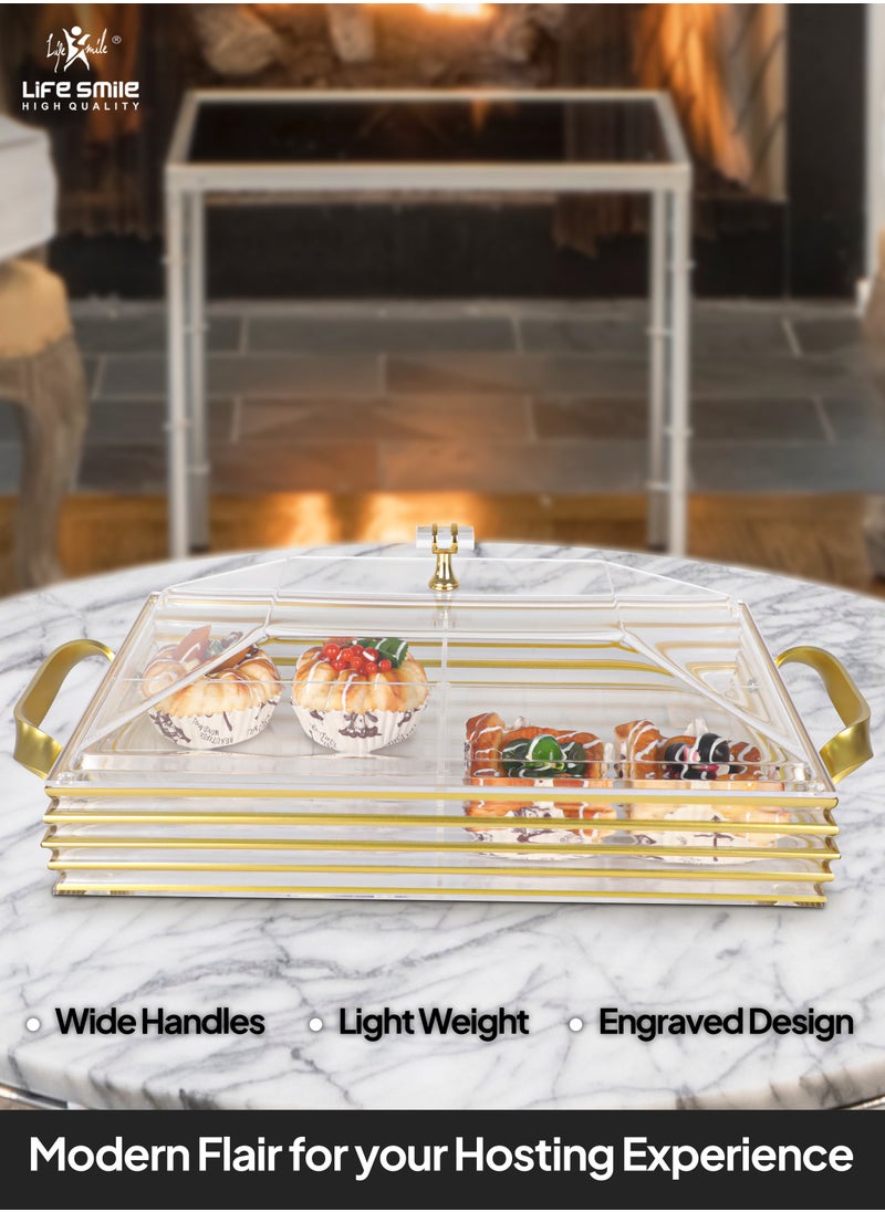 Life Smile - Serving Tray With Cover - 4 Compartments Platter with Handle Gold Acrylic Spill Proof Tray With Handle For Serving Appetizer, Breakfast, Candy, Sweets, Fruit, Bread tray (40.5×24.5×15 CM) - Image 1