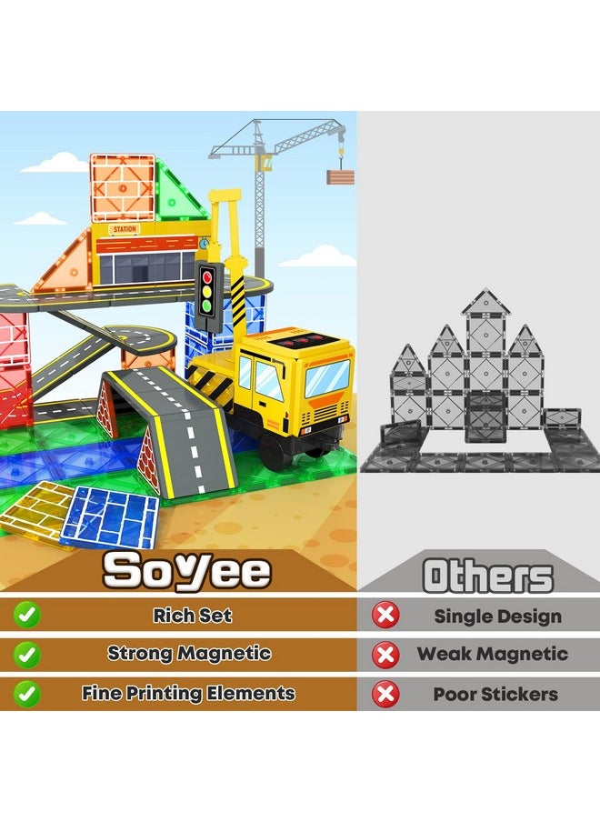 Soyee Magnetic Tiles Magnetic Construction Set with 2 Cranes Boys Toys for Ages 3-5 5-7 8-10 Building Toys Includes Crane, Road Tracks, Train, Train Tracks, Dolls, Car Toy, Traffic Lights and Stations  - Image 2
