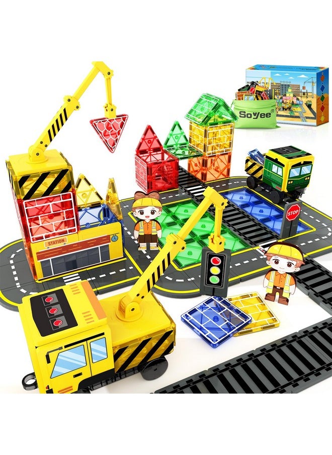 Soyee Magnetic Tiles Magnetic Construction Set with 2 Cranes Boys Toys for Ages 3-5 5-7 8-10 Building Toys Includes Crane, Road Tracks, Train, Train Tracks, Dolls, Car Toy, Traffic Lights and Stations  - Image 1