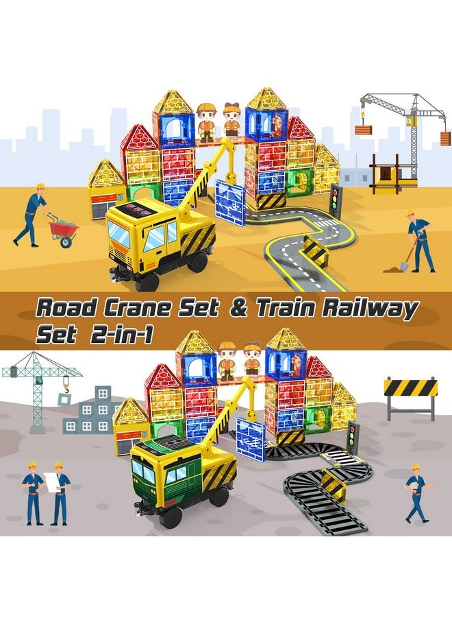 Soyee Magnetic Tiles Magnetic Construction Set with 2 Cranes Boys Toys for Ages 3-5 5-7 8-10 Building Toys Includes Crane, Road Tracks, Train, Train Tracks, Dolls, Car Toy, Traffic Lights and Stations  - Image 4