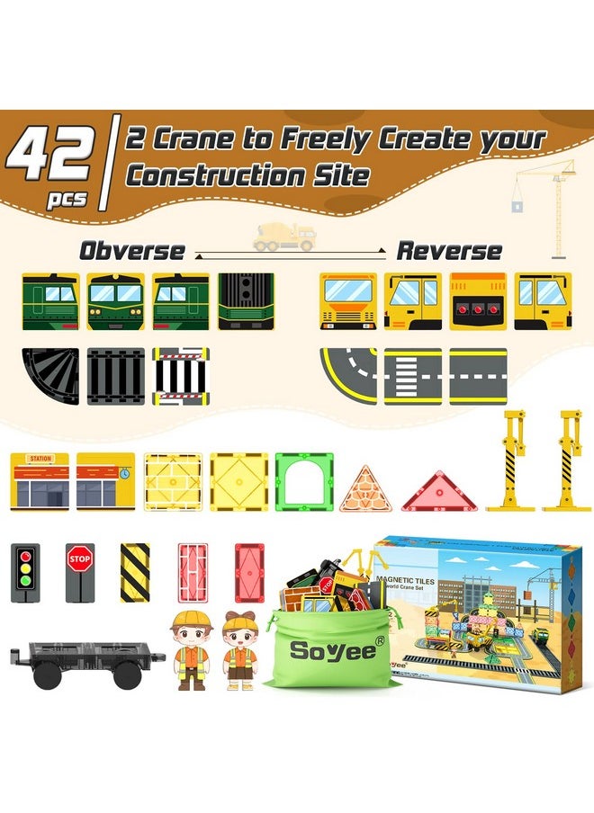 Soyee Magnetic Tiles Magnetic Construction Set with 2 Cranes Boys Toys for Ages 3-5 5-7 8-10 Building Toys Includes Crane, Road Tracks, Train, Train Tracks, Dolls, Car Toy, Traffic Lights and Stations  - Image 3