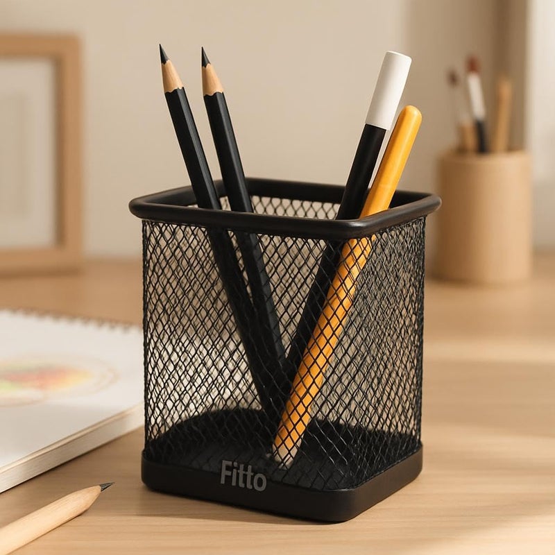 Fitto Square Pen Holder 10x8cm Black Desk Organizer for Office & Home - Image 2