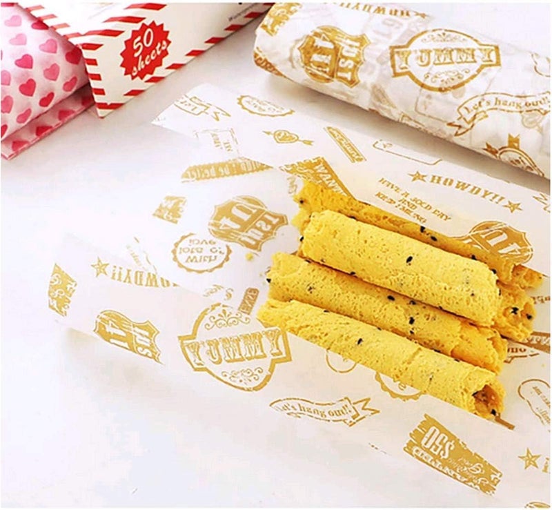 YLmeet 50 sheets of wax paper Food picnic paper Disposable food wrapping paper Oil-proof paper Food paper liner Plastic food basket wrapping tissue paper (Stamp) - Image 3