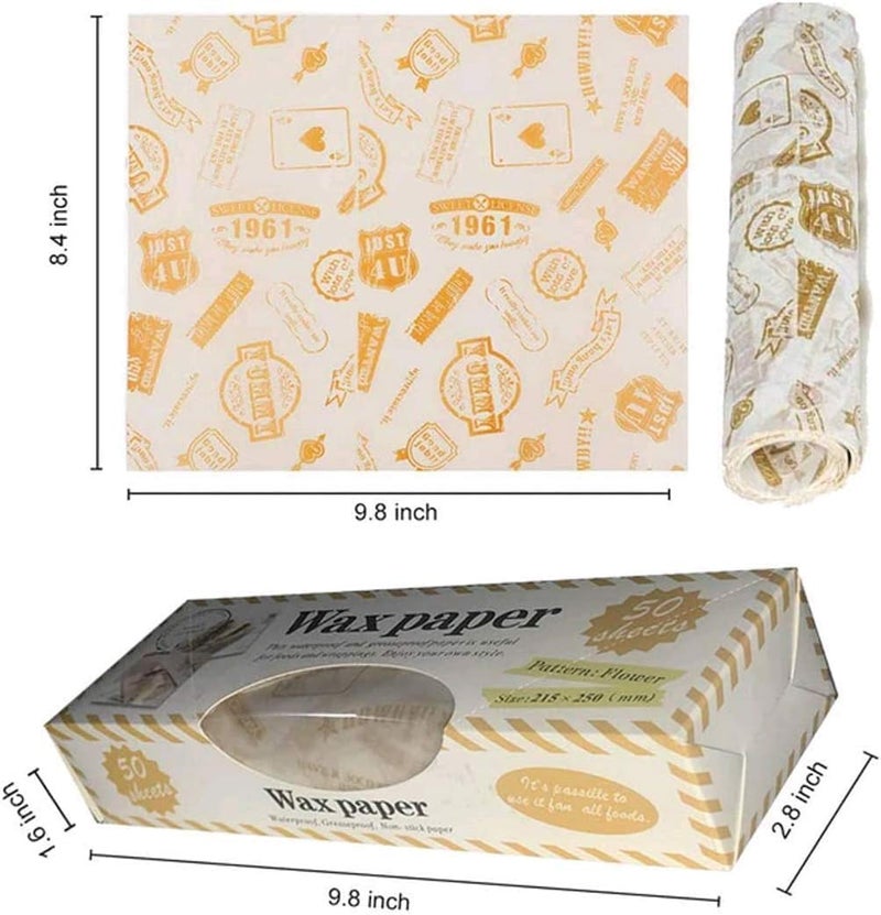 YLmeet 50 sheets of wax paper Food picnic paper Disposable food wrapping paper Oil-proof paper Food paper liner Plastic food basket wrapping tissue paper (Stamp) - Image 2
