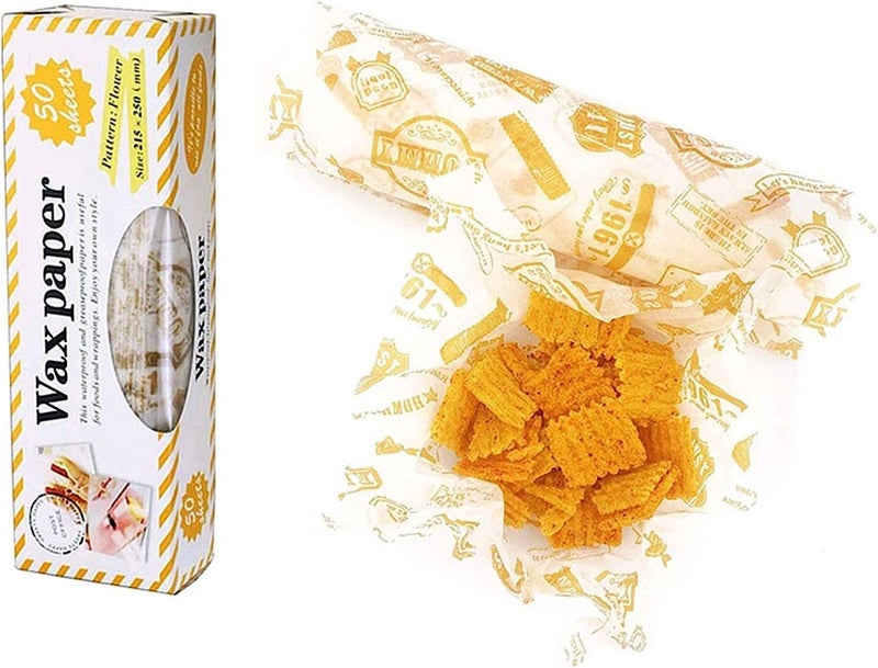 YLmeet 50 sheets of wax paper Food picnic paper Disposable food wrapping paper Oil-proof paper Food paper liner Plastic food basket wrapping tissue paper (Stamp) - Image 1
