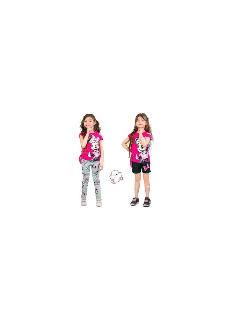 Girls' set consisting of 3 pieces, a pink T-shirt, gray pants, and black shorts