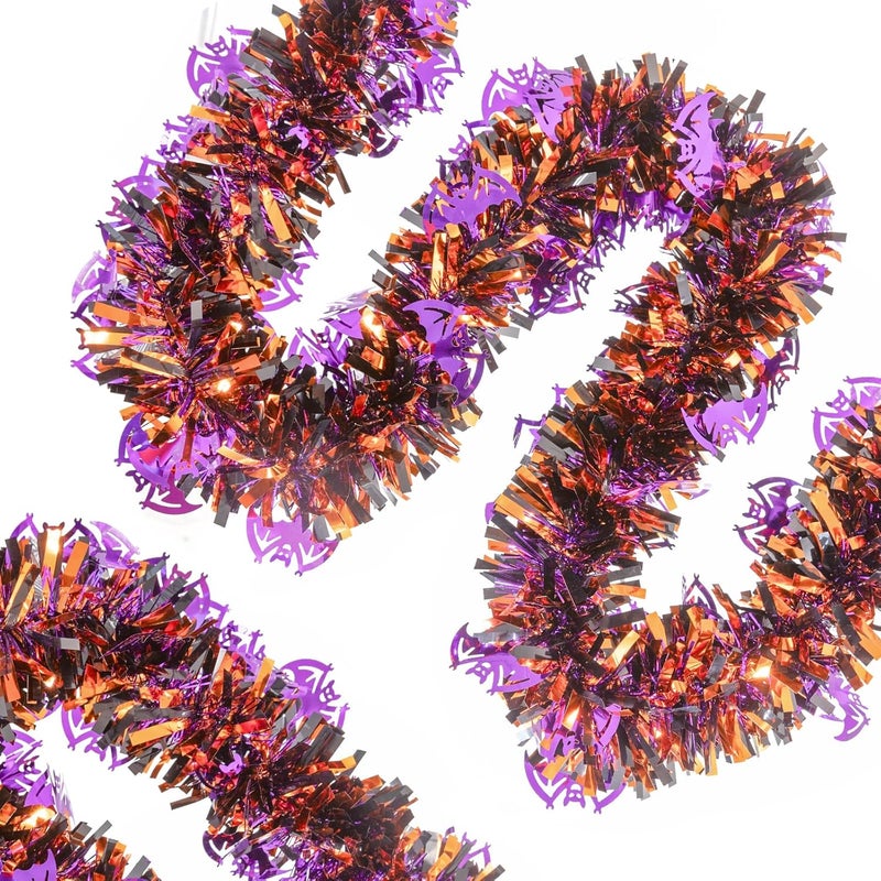 CIPOWM 33FT Halloween Tinsel Garland, Black Orange Purple Metallic Twist Foil Tinsel Garland with Bat Ornament Shiny Hanging Garland for Halloween Party Indoor Outdoor Decoration - Image 1