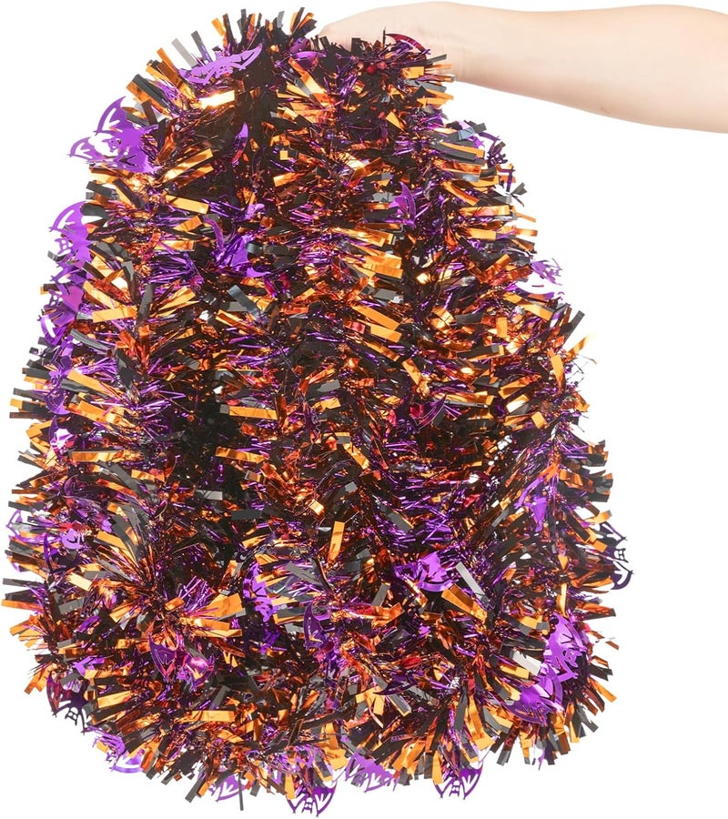 CIPOWM 33FT Halloween Tinsel Garland, Black Orange Purple Metallic Twist Foil Tinsel Garland with Bat Ornament Shiny Hanging Garland for Halloween Party Indoor Outdoor Decoration - Image 4