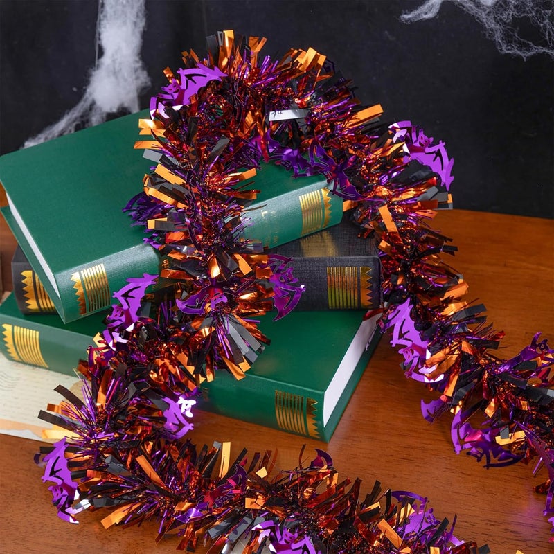 CIPOWM 33FT Halloween Tinsel Garland, Black Orange Purple Metallic Twist Foil Tinsel Garland with Bat Ornament Shiny Hanging Garland for Halloween Party Indoor Outdoor Decoration - Image 5