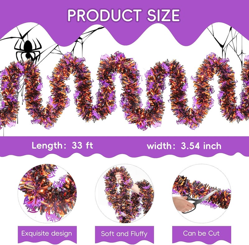 CIPOWM 33FT Halloween Tinsel Garland, Black Orange Purple Metallic Twist Foil Tinsel Garland with Bat Ornament Shiny Hanging Garland for Halloween Party Indoor Outdoor Decoration - Image 2