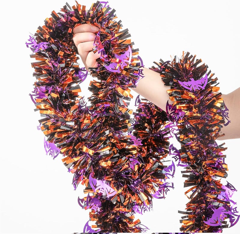CIPOWM 33FT Halloween Tinsel Garland, Black Orange Purple Metallic Twist Foil Tinsel Garland with Bat Ornament Shiny Hanging Garland for Halloween Party Indoor Outdoor Decoration - Image 3