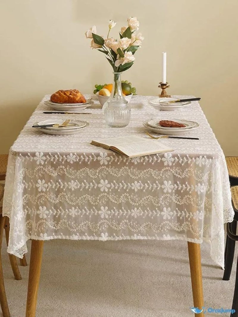 Generic Lace Tablecloth, Floral Pattern, White, 130 x 200 cm .flo