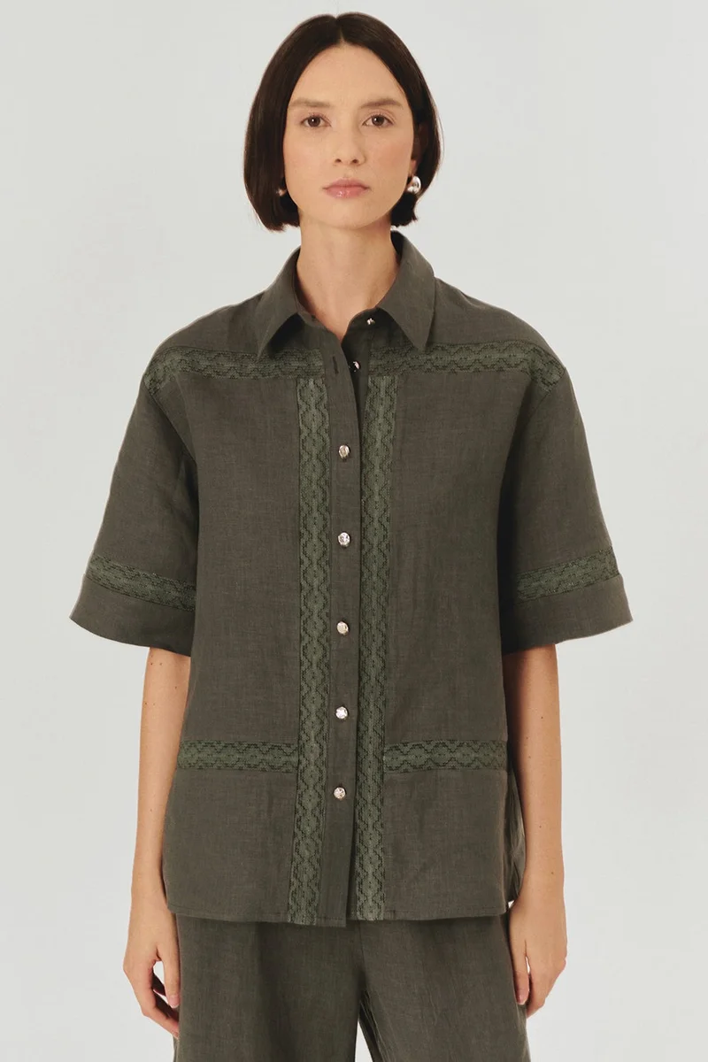 EXQUISE Lace Detail Relaxed Fit Pure Linen Short Sleeve Grey Shirt