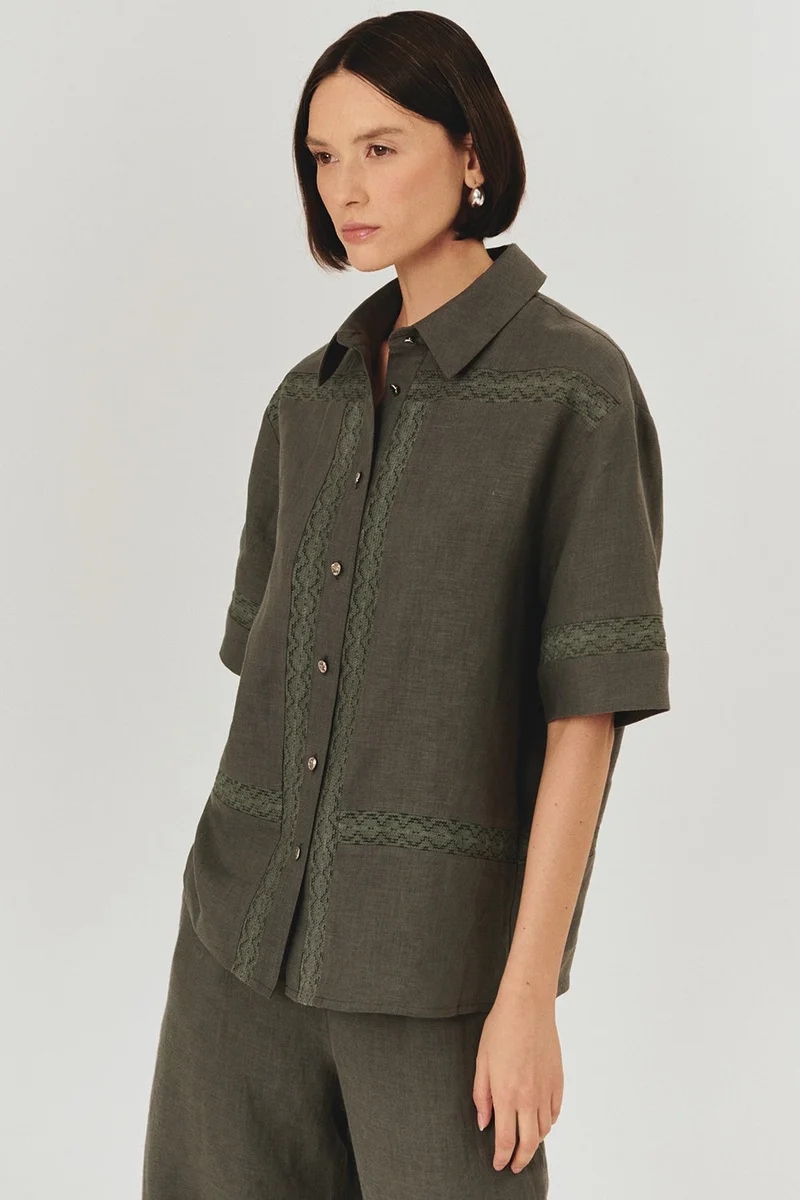 EXQUISE Lace Detail Relaxed Fit Pure Linen Short Sleeve Grey Shirt