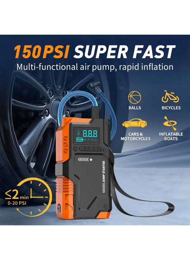 9 In 1 Black Orange Car Emergency Jump Starter Air Compressor 5000A Power Pack 150PSI Tire Inflator - Image 5