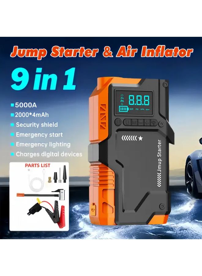 9 In 1 Black Orange Car Emergency Jump Starter Air Compressor 5000A Power Pack 150PSI Tire Inflator - Image 1