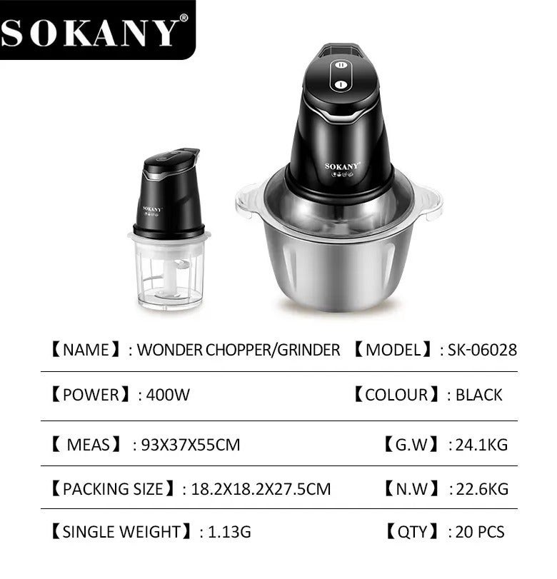 Sokany 400W Kibbeh Maker, 2 Jars (2L Stainless Steel + 7L Acrylic), 2 Speeds, SK-06028N - Image 4