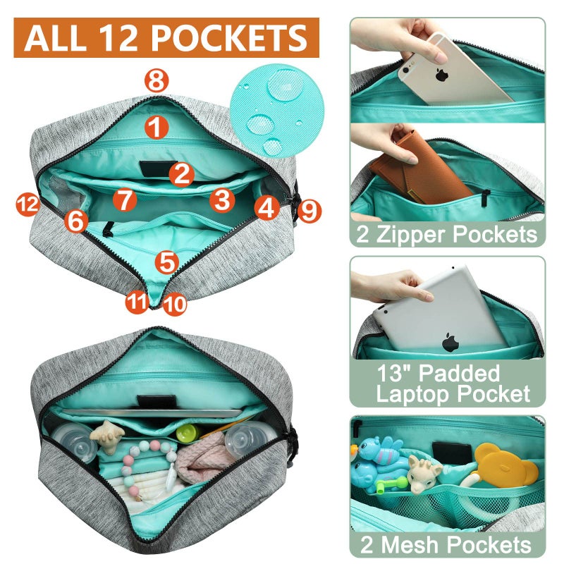 MOMINSIDE حقيبة ظهر حفاضات MOMINSIDE، حقيبة حفاضات صغيرة، حقيبة حفاضات للأطفال مصغرة مع 12 جيب، 4 جيوب معزولة، وسادة تغيير، أحزمة عربة (رمادي) - Image 3