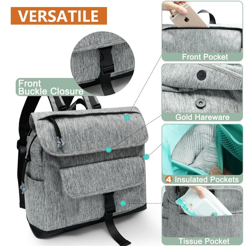 MOMINSIDE حقيبة ظهر حفاضات MOMINSIDE، حقيبة حفاضات صغيرة، حقيبة حفاضات للأطفال مصغرة مع 12 جيب، 4 جيوب معزولة، وسادة تغيير، أحزمة عربة (رمادي) - Image 4
