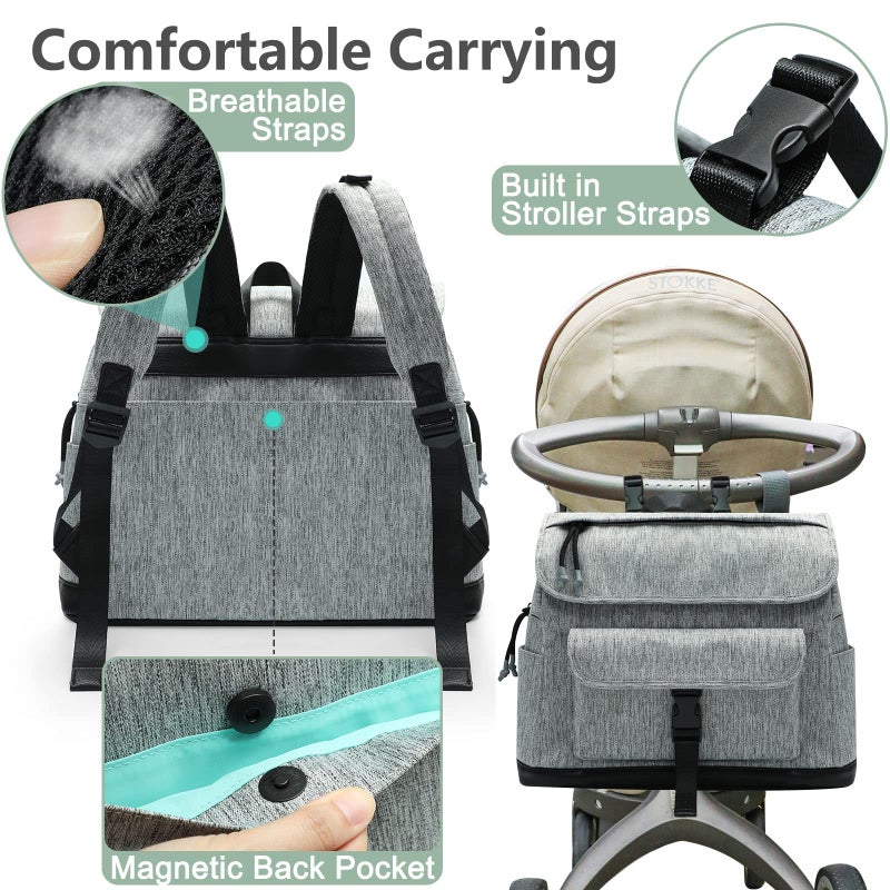 MOMINSIDE حقيبة ظهر حفاضات MOMINSIDE، حقيبة حفاضات صغيرة، حقيبة حفاضات للأطفال مصغرة مع 12 جيب، 4 جيوب معزولة، وسادة تغيير، أحزمة عربة (رمادي) - Image 5