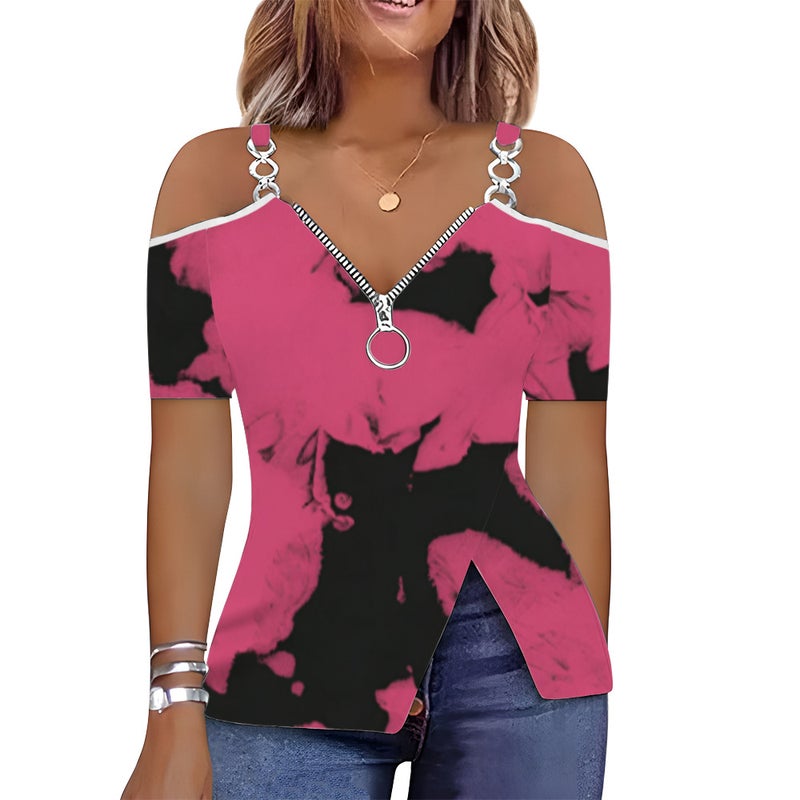 Low-Cut Heart Print Zipper Off-Shoulder Short-Sleeved T-Shirt 3D Printed V-Neck Gradient Graffiti - Image 5