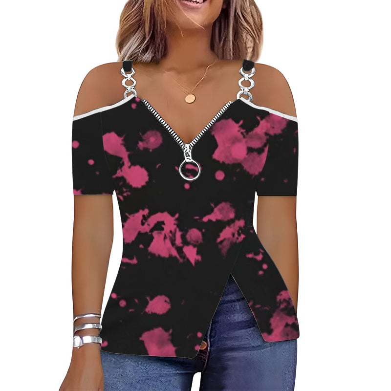 Low-Cut Heart Print Zipper Off-Shoulder Short-Sleeved T-Shirt 3D Printed V-Neck Gradient Graffiti - Image 1