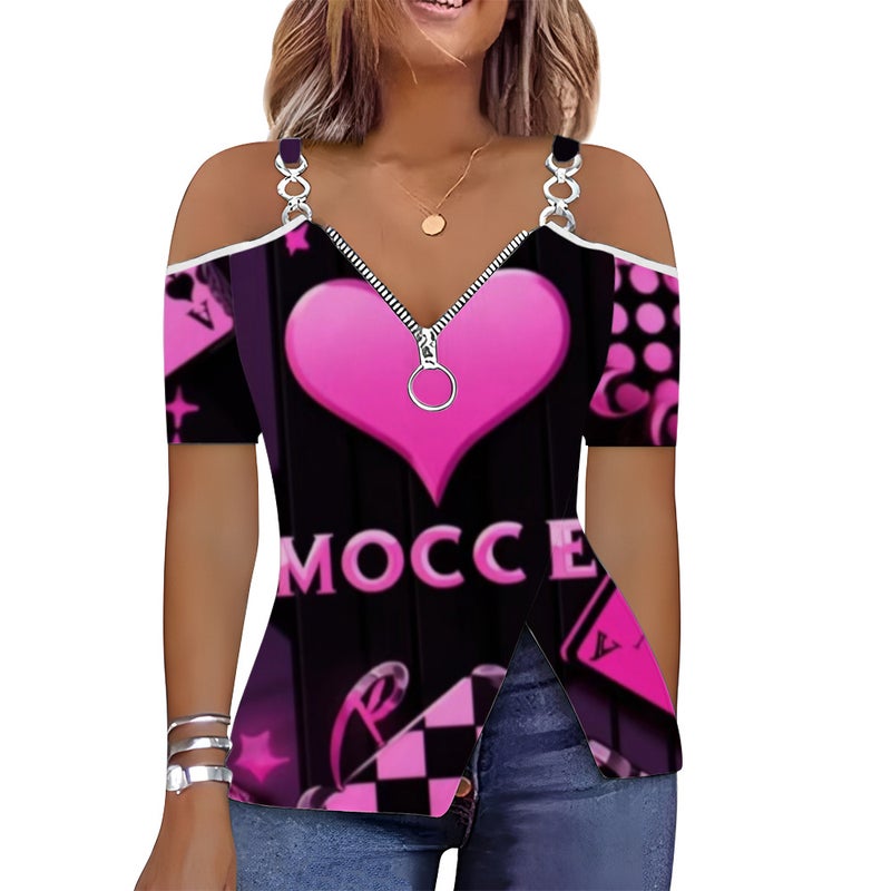 Low-Cut Heart Print Zipper Off-Shoulder Short-Sleeved T-Shirt 3D Printed V-Neck Gradient Graffiti - Image 4