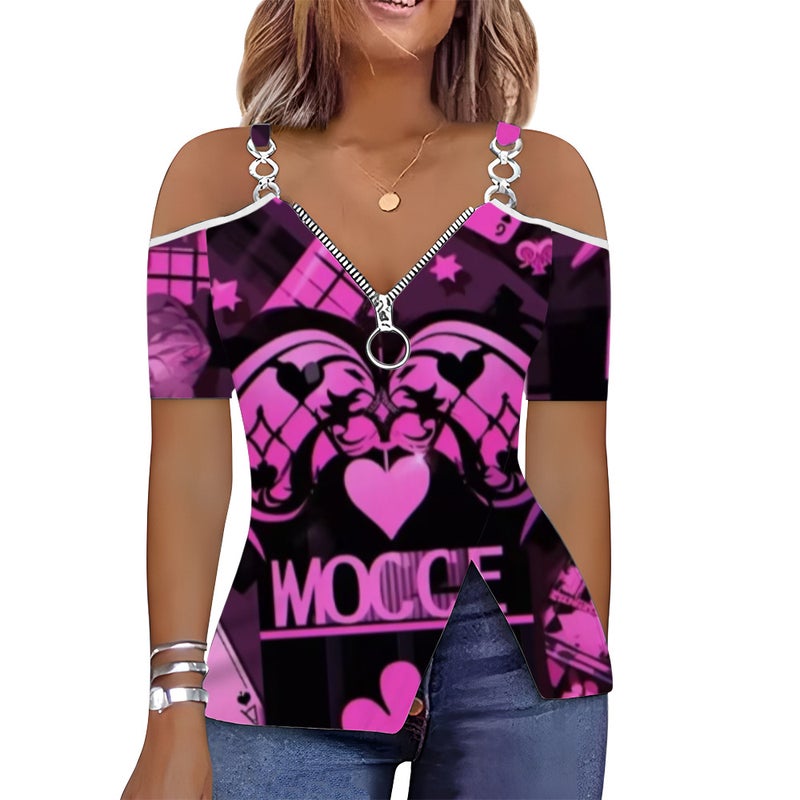 Low-Cut Heart Print Zipper Off-Shoulder Short-Sleeved T-Shirt 3D Printed V-Neck Gradient Graffiti - Image 3
