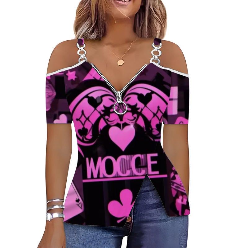 Low-Cut Heart Print Zipper Off-Shoulder Short-Sleeved T-Shirt 3D Printed V-Neck Gradient Graffiti - Image 2